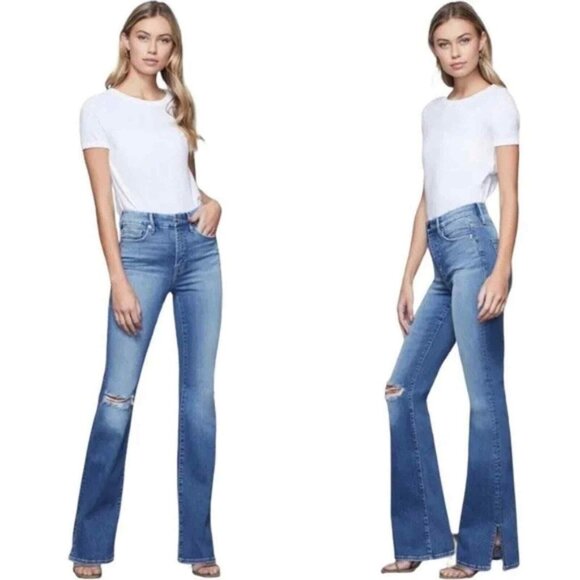 Good American Good Flare Ripped Split Hem Flare Jeans Size 25 - Picture 2 of 7